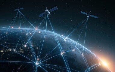 Fototapeta premium Satellites orbiting Earth connecting global networks with technology and data