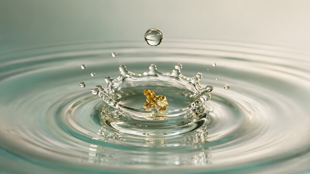Water droplet creating a crown splash with a tiny gold nugget inside frozen in high speed motion against clean background