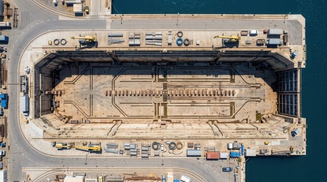 Aerial view of an expansive dry dock facility in a bustling maritime port with an empty basin awaiting vessels for repair and construction.