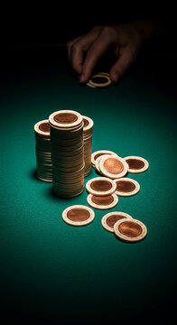 Stacks of poker chips on a green felt surface, with a hand reaching to add another chip, symbolizing chance, risk, and gambling