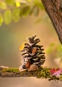 Colorful Autumn Craft Surrounded by Leaves, Cones and Acorns