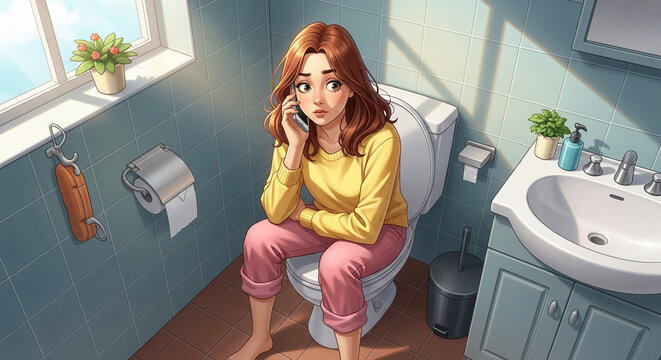 Young woman on toilet with phone, bathroom scene, morning light, domestic interior, relatable moment