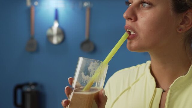 sporty young woman drinking fruit handmade smoothie in the kitchen at home. close-up