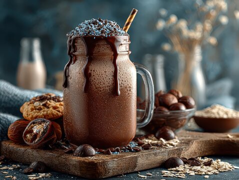 Delicious chocolate milkshake in a glass jar garnished with chocolate and sprinkles with cookies and nuts on wooden surface indoors