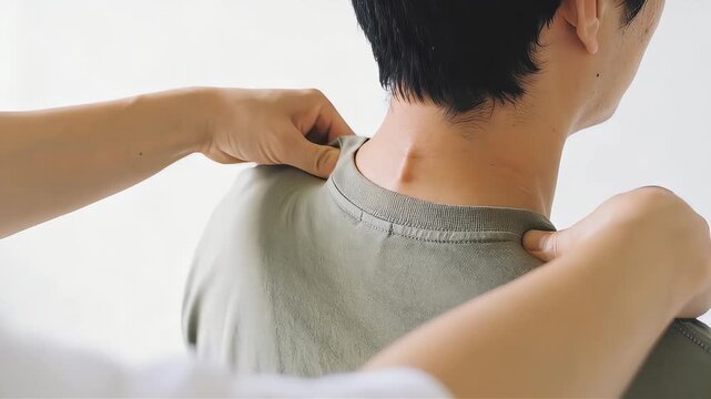 肩をもんでもらう男性の後ろ姿