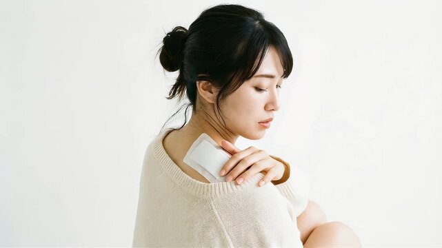 湿布を貼った肩に手を当てて肩こりを気にする女性の横顔