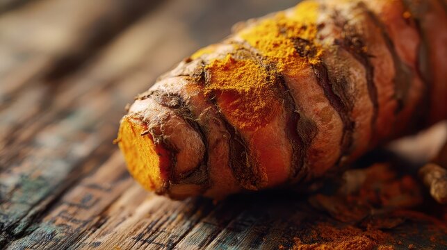 Close-up of a fresh turmeric root with vibrant orange color and natural earthy texture on rustic wooden surface