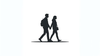 Fototapeta premium Romantic Journey: Minimalist Silhouetted Couple Walking Together Hand in Hand