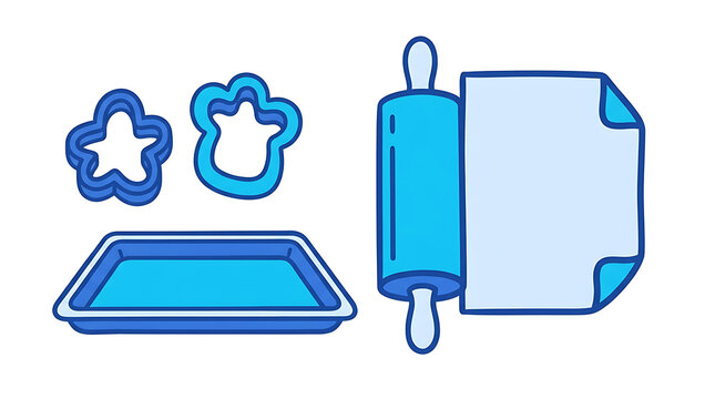 Set of blue bakery icons featuring cookie cutters a baking tray and a rolling pin