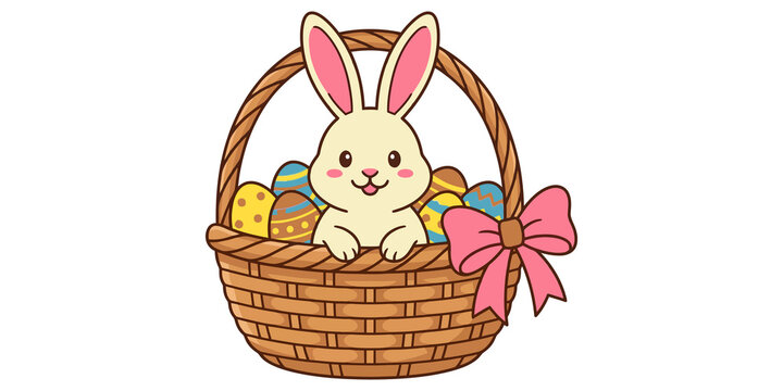 Easter bunny in a wicker basket filled with colorful decorated eggs and a cheerful pink bow.