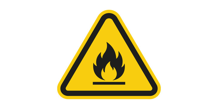 Danger fire hazard black icon on yellow triangular warning sign with thick border.