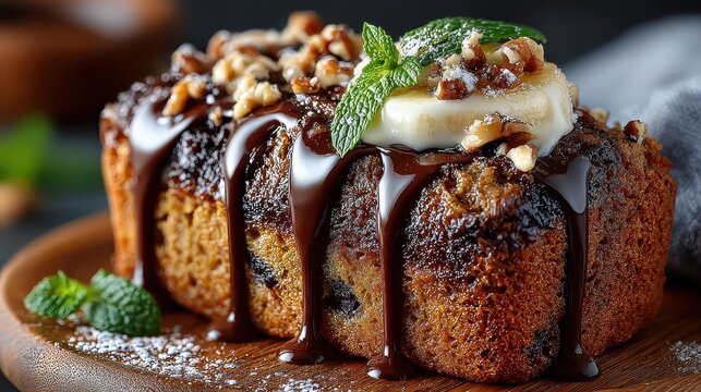 Delicious moist banana bread loaf topped with melting white chocolate, drizzled chocolate sauce and fresh mint