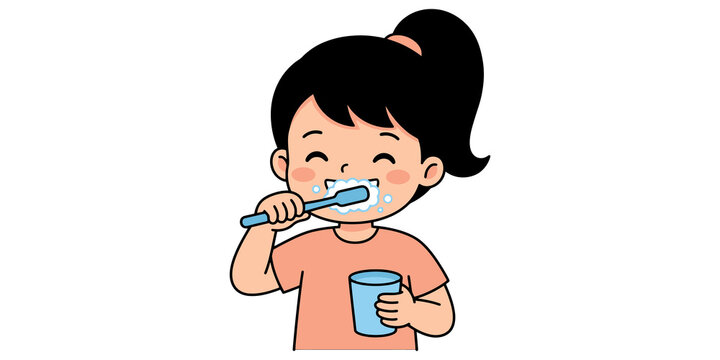 Little girl brushing teeth with toothbrush and toothpaste fo.
