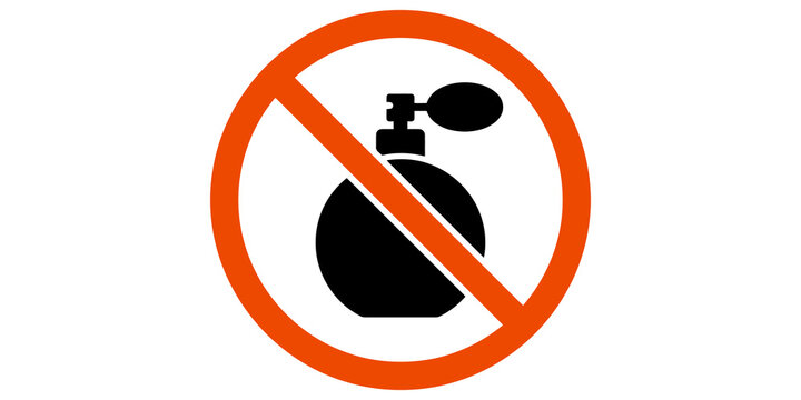 No perfume symbol with black bottle icon in orange prohibition circle for sensitive areas.