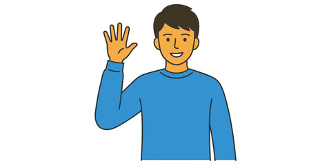 Friendly young man in blue long sleeve shirt waving hand with happy smile welcoming audience cartoon character. © Png World Collection