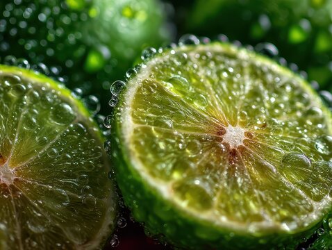 Fresh lime slices with bubbles on vibrant dark green foliage background close-up detailed texture