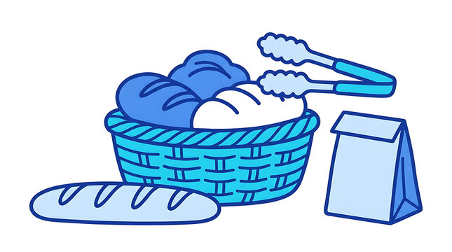Blue line art icon of a bread basket with tongs and a paper bag
