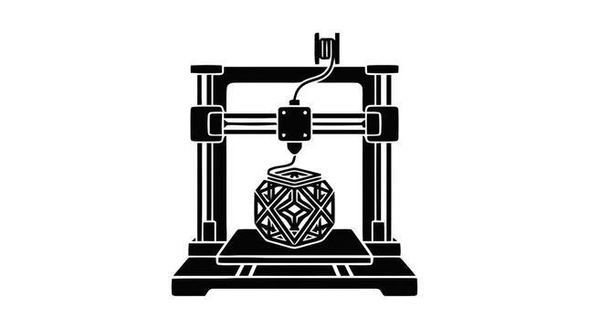 Vector illustration of 3d printer creating a complex geometric object on a transparent background