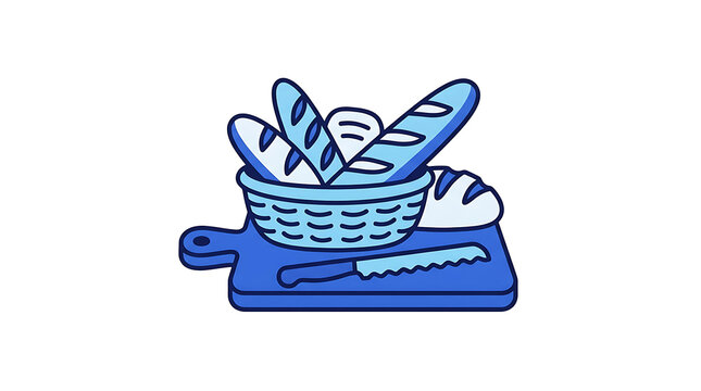 Blue monochrome icon of a bread basket with a serrated knife on a cutting board