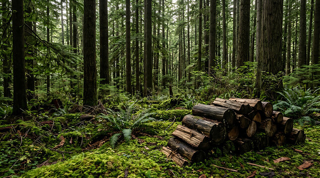 Mossy Forest Floor With Fallen Logs.