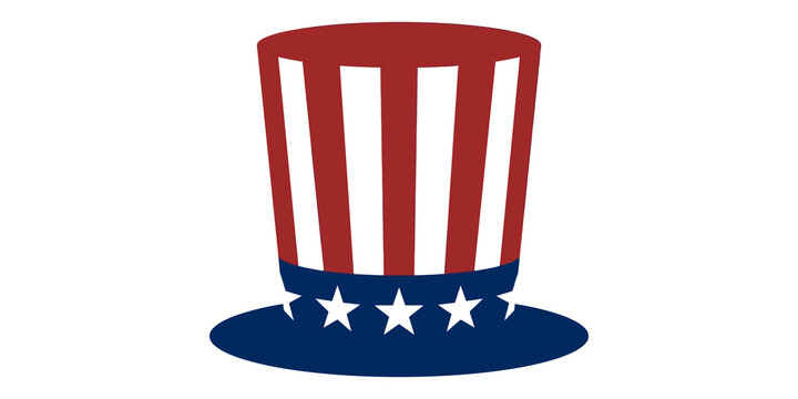 Uncle Sam hat illustration in red white and blue flag colors with stars for patriotic holiday design.