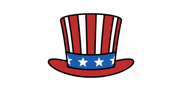 American uncle sam top hat sticker with red white stripes and blue starry ribbon for national holiday designs.
