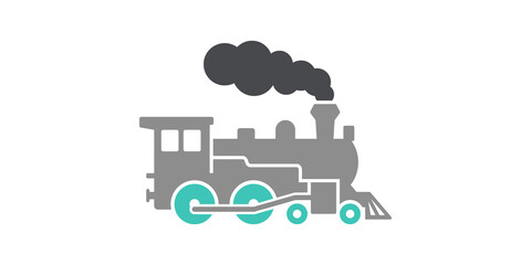 Gray steam locomotive train icon with cyan wheels for industrial railway transport travel themes. © Png World Collection