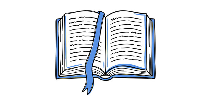 Open book illustration with blue pages and bookmark ribbon for academic reading or educational study.
