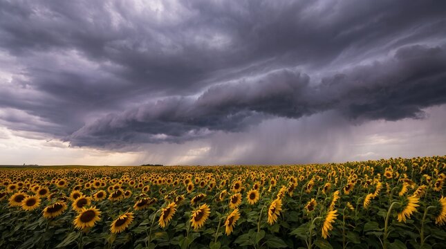 Sunflower Field Beneath Dramatic Storm Clouds and Rolling Sky