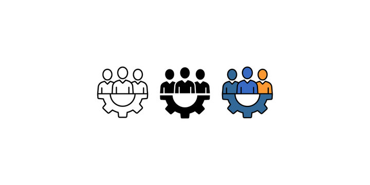 Team management line and solid icons with people and cogwheel symbolizing business operation.