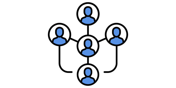 Blue people network connection diagram with interconnected individuals representing social links.