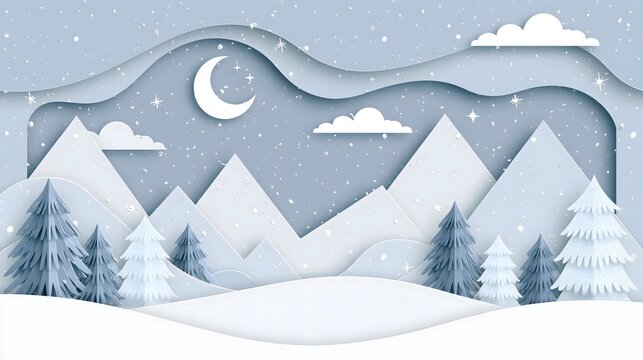 layered paper cut winter background featuring snowy mountains, pine trees, falling snow, crescent moon and tiny stars, dimensional handmade paper craft style, soft blue white and silver palette,