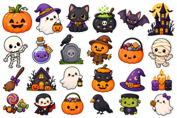 Obraz premium Cute Halloween stickers collection featuring spooky cartoon characters like ghosts witches pumpkins and monsters for festive scrapbooking design.