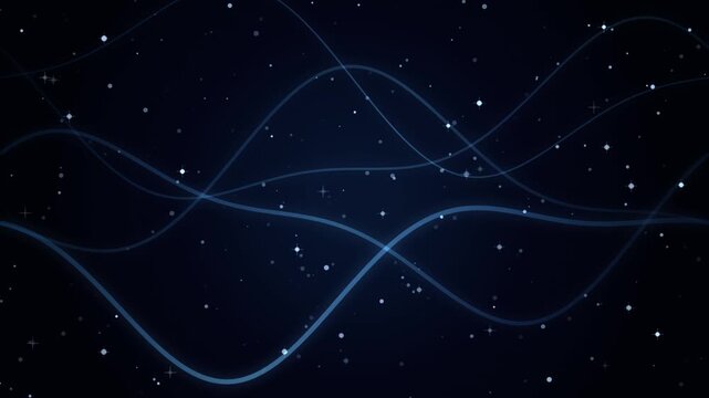 Wavy blue glowing lines and sparkling star particles floating on a dark cosmic background
