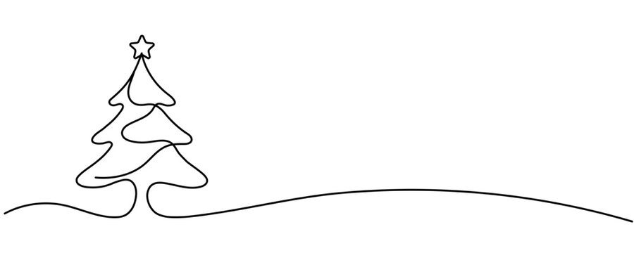 Minimalist Christmas tree continuous line art drawing with a star topper isolated on a white background. Editable stroke