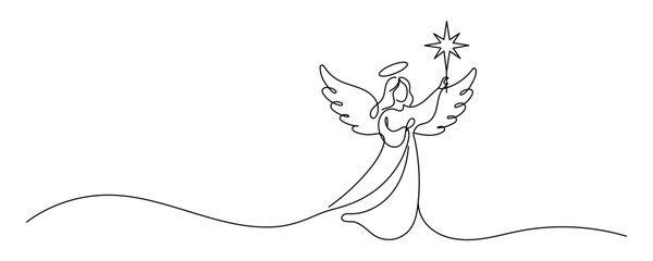 Fototapeta premium Minimalist continuous line art vector illustration of a Christmas angel with wings, halo, and holding a glowing star. Editable stroke