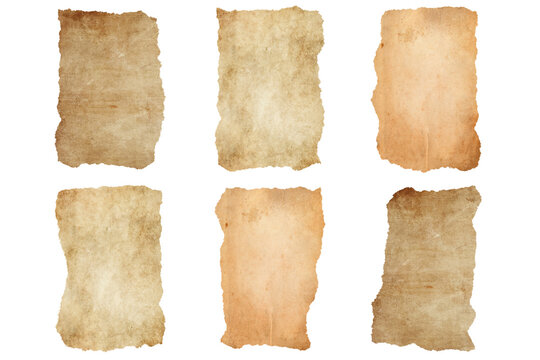 Worn vintage paper textures with torn edges and antique grunge surface. Old parchment sheets with rough borders for retro design. Aged paper backgrounds with shabby beige and brown tones for scrapbook