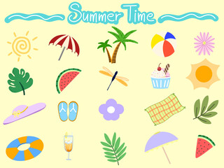 Set of summer clip art bundle beach themed with sun, coconut tree, umbrella, cute flowers, beach ball, fresh watermelon, green leaves, dragonfly, ice cream, hat on transparent background PNG © Reska