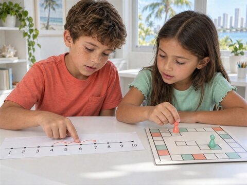 Boy and Girl Using a Number Line to Play a Board Game