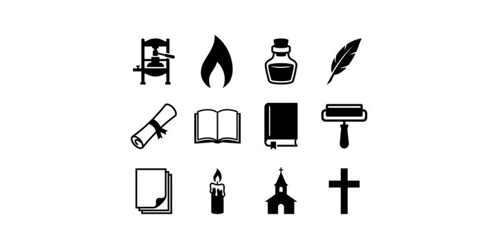 Medieval publishing and religious icon set with black silhouettes of printing press and christian symbols.