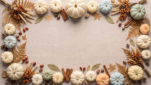 Halloween pumpkins and seasonal decorations arranged as a flat lay