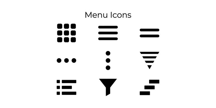 Navigation menu interface icons in black minimalist style for web design and mobile application layouts.