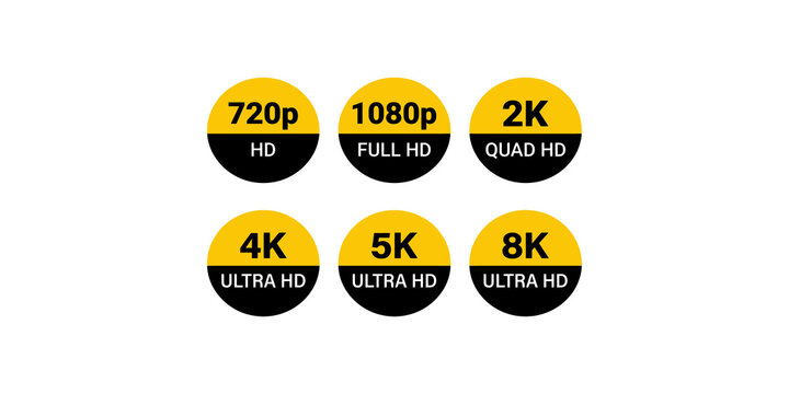 Six yellow and black circular badges indicating various video resolutions from 720p to 8K.