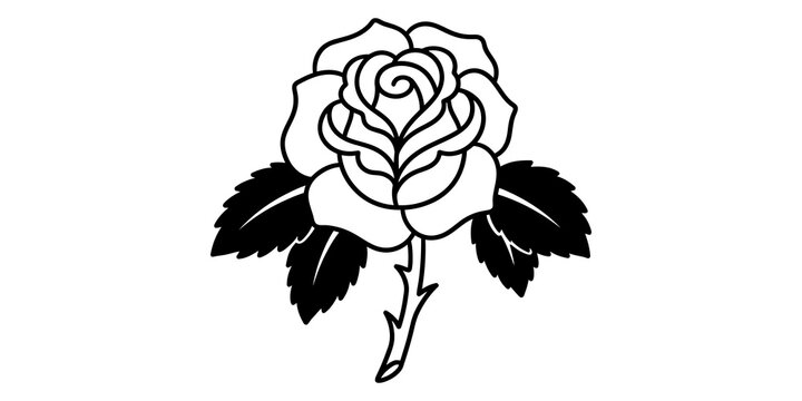Stylized black outline rose flower with leaves and stem for tattoo design, wedding, or romantic decoration.
