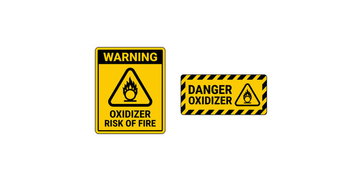 Warning and danger signs for oxidizer risk of fire, indicating hazardous chemical safety precautions.