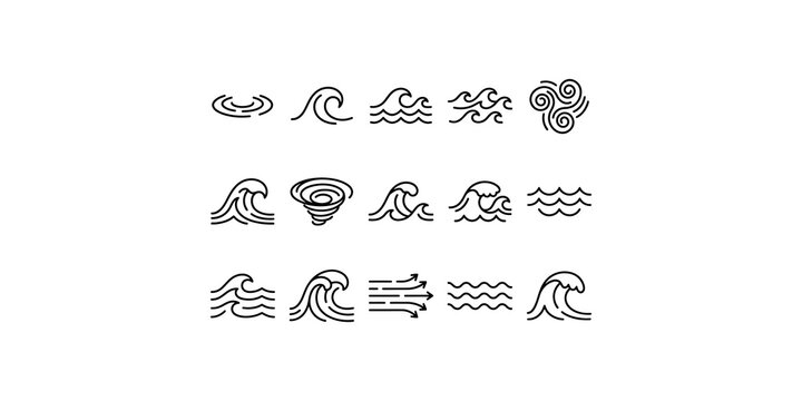 Set of line art wave and water symbols for ocean, sea, and weather related designs.
