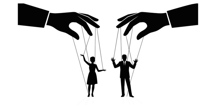 A black and white line of two giant hands controlling a man and a woman like puppets, isolated on a white background