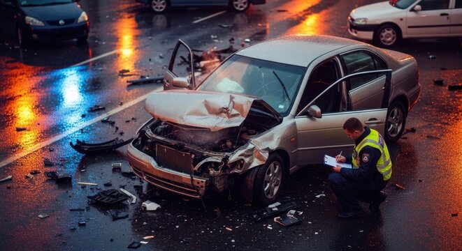 Damage scene review: police report, traffic incident, vehicle collision, insurance claim, Europrotocol form, roadway event, crash consequence.