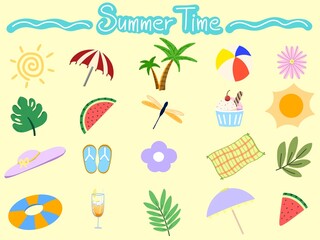 Set of summer clip art bundle beach themed with sun, coconut tree, umbrella, cute flowers, beach ball, fresh watermelon, green leaves, dragonfly, ice cream, hat for summer template design cartoon flat © Reska