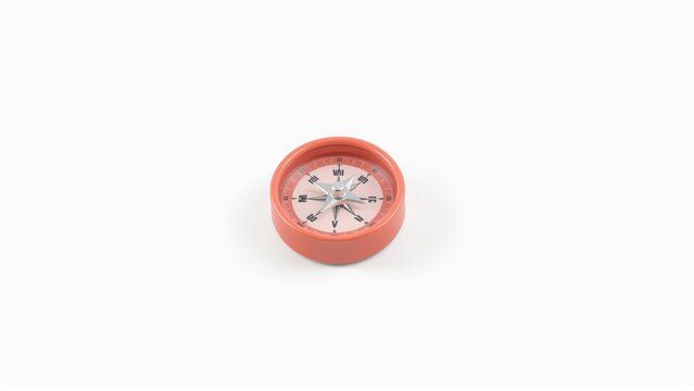 Small orange compass rests upon white surface. Needle points toward north, indicating direction. Simple design, portable navigation tool.